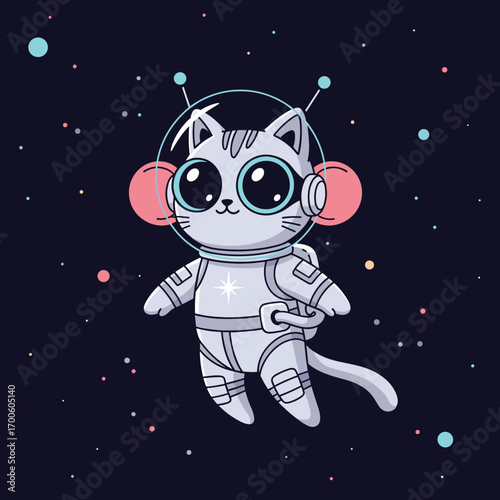 Cute pixel art kitty astronaut exploring the vast cosmic universe