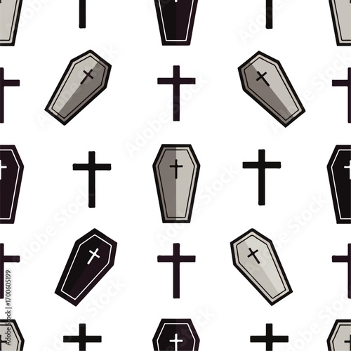 Gothic Seamless Pattern of Coffins and Crosses Spooky Backdrop for Halloween or Themed Designs
