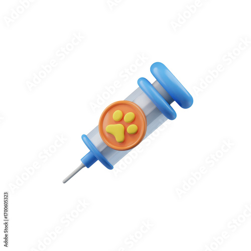 Veterinary vaccine syringe with a paw pattern on the plunger, transparent background