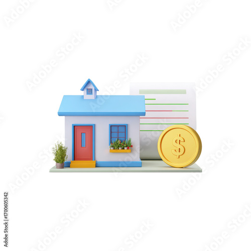 Next to the check and dollar coin is a cartoon house