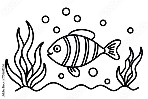 Line Art Illustration Cartoon Fish Swimming Near Seaweed and Bubbles, Simple Design