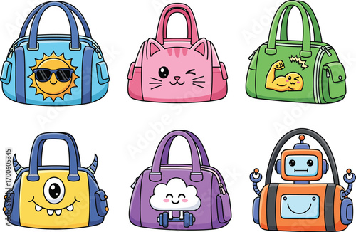 Cute cartoon gym bags vector set, animal, robot, sun, cloud and monster characters, colorful duffel illustration, fun sports bag clipart collection