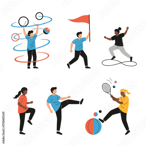 Diverse people engaged in various recreational activities and sports demonstrating physical fitness and well-being