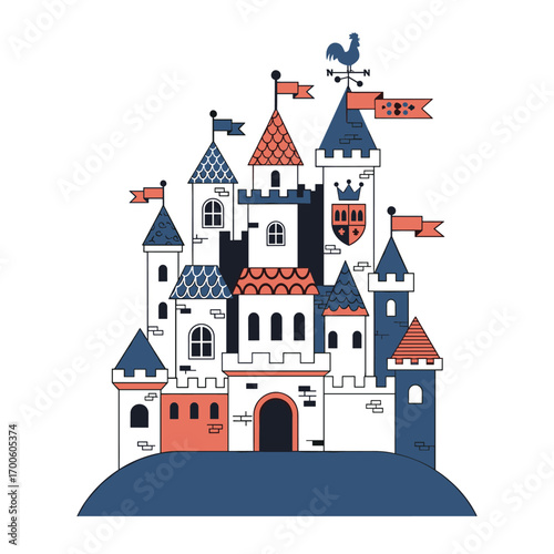 A majestic fairytale castle standing proudly on a hilltop under a bright sky