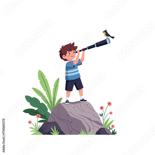 Curious young boy with a telescope discovers a small bird sitting on a rock