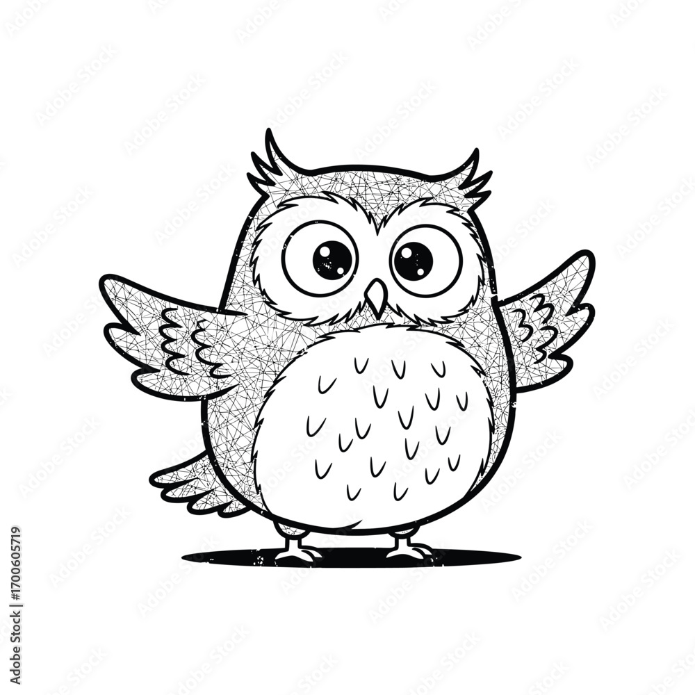 Fototapeta premium Charming cartoon owl illustration with open wings and big expressive eyes