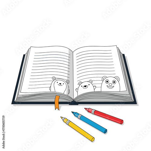 Childrens coloring book with cute monster illustrations and art supplies ready for creative fun