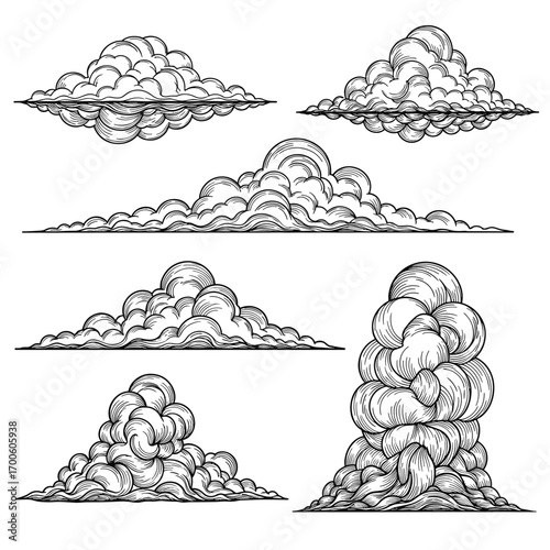 A hand drawn collection of various cloud formations in a vintage sketch style