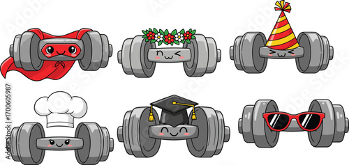 Cute dumbbell cartoon characters with various costumes, fitness vector clipart, kawaii gym icons, fun workout illustrations, weightlifting adorable mascots collection