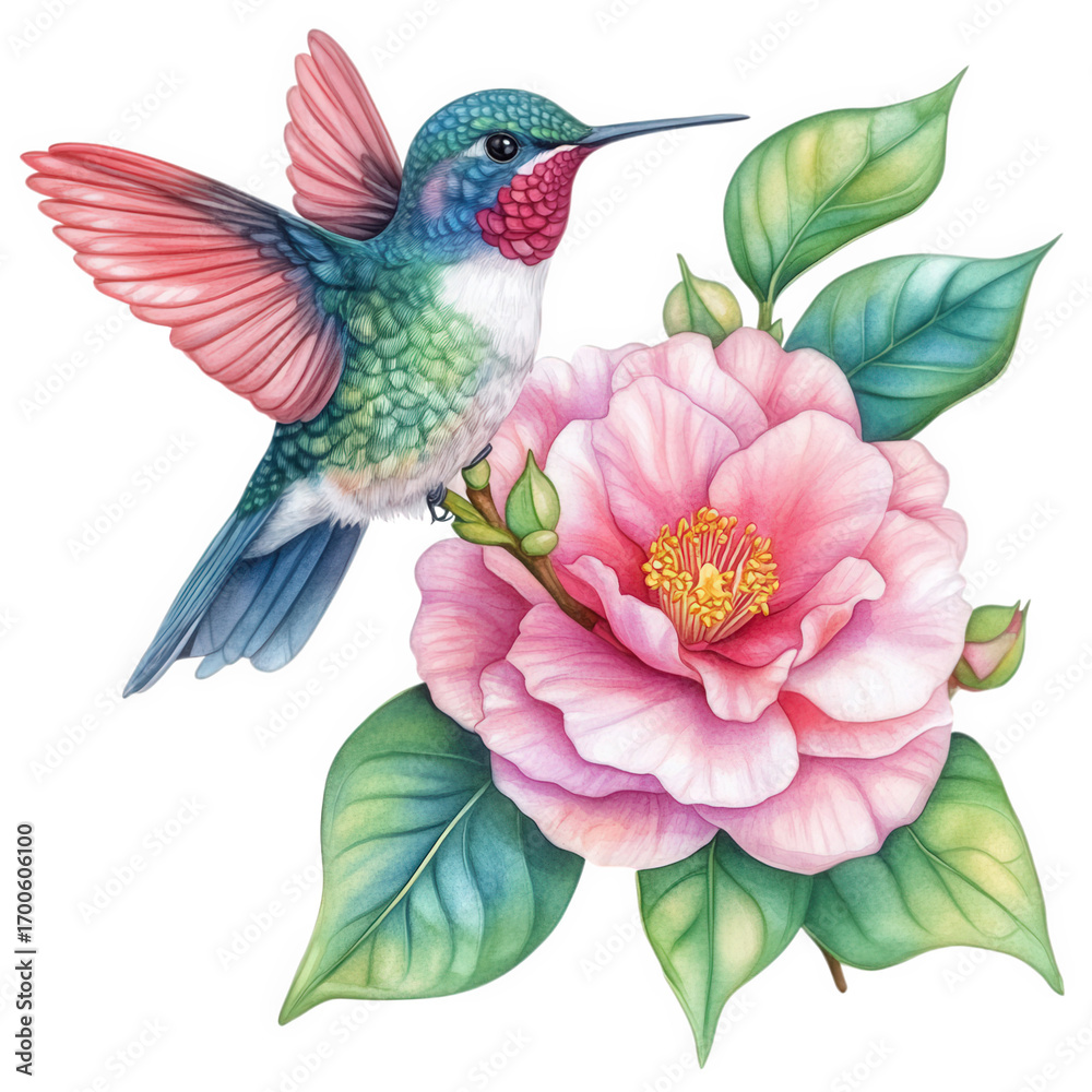 Obraz premium Hummingbird with pink wings near a pink camellia flower, isolated on transparent background