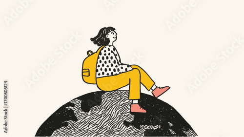 Illustration of student sitting on earth globe representing global education learning imagination and childhood dreams