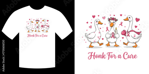 Goose for Cure: A creative design to raise awareness with the theme honk for a cure illustrated on a plain t-shirt. with heart symbols, ribbon and goose characters