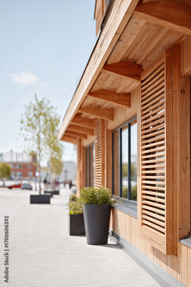 Obraz premium closeup of modern wooden facades on contemporary buildings blending historical architecture with new design