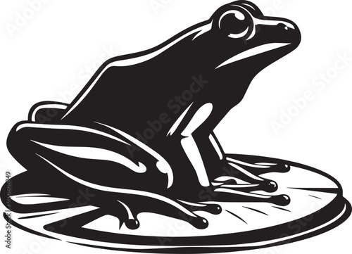 Silhouette of a sleek frog perched serenely on a lily pad in stark contrast and sharp detail