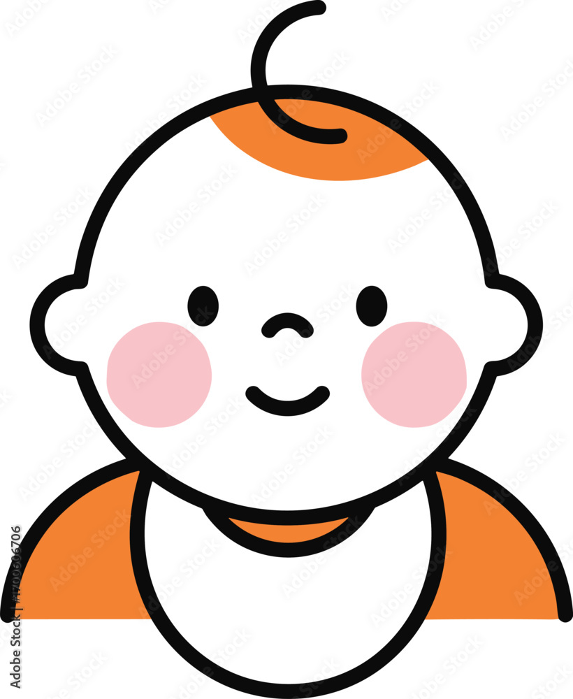 Fototapeta premium Cartoon illustration of smiling baby in orange outfit with white bib, childcare and parenting concept, vector art, flat design, minimal style