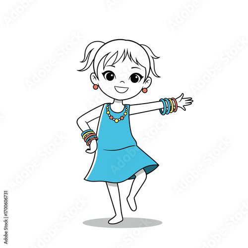 Cute cartoon girl wearing a blue dress and many bracelets having fun