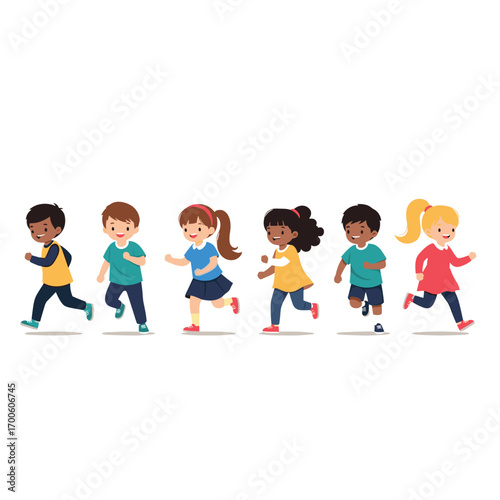 Diverse group of happy young children enjoying outdoor fun running together
