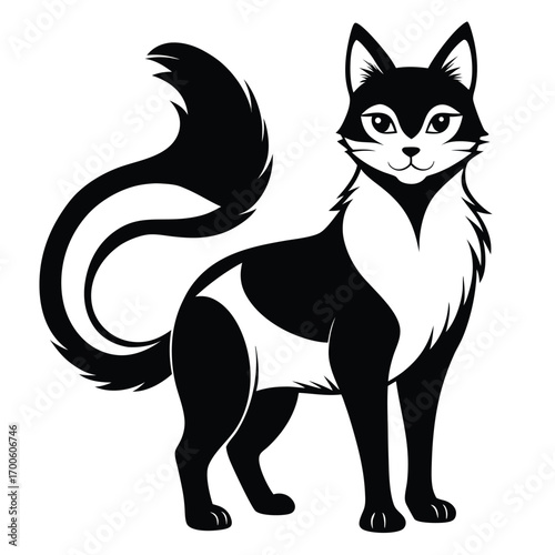 Stylized Black and White Fox Standing with Fluffy Tail Illustration Image Design