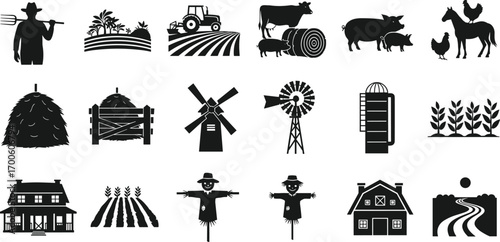 Farm silhouette icons, farmer with pitchfork, tractor in field, farm animals, haystack, windmill, silo, scarecrow, barn, farmland landscape vector illustrations