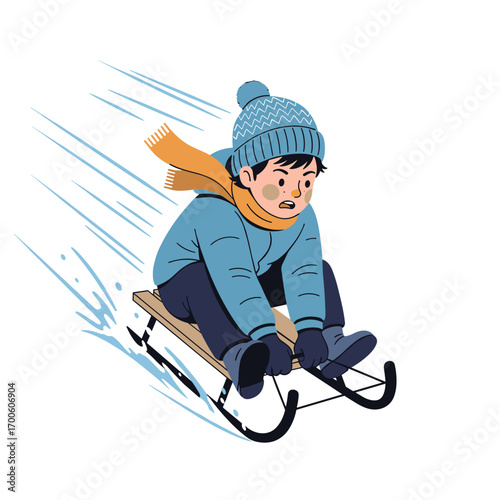 Child enjoying a fast downhill ride on a wooden sled in the snow