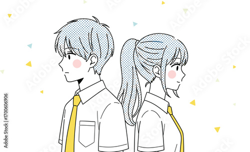 Cartoon illustration of boy and girl in yellow ties standing back to back, halftone shading, youth and relationship concept, vector art, flat design