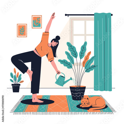 Woman watering plants doing yoga exercise with cat resting indoors