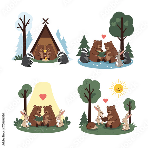 Adorable woodland creatures sharing sweet moments in nature scenes
