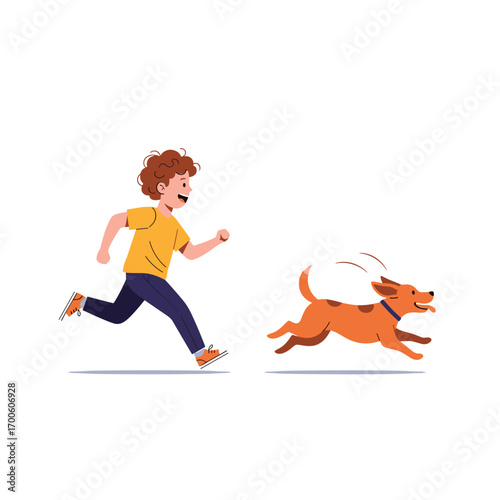 Happy young boy joyfully running with his energetic dog outdoors on a sunny day playing fetch