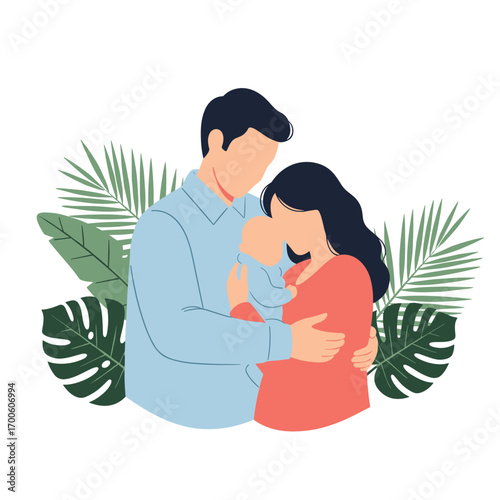 A tender moment with a loving family embracing their newborn child amidst lush green tropical leaves