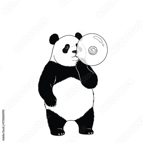Adorable panda blowing a bubble gum ball with cute expression