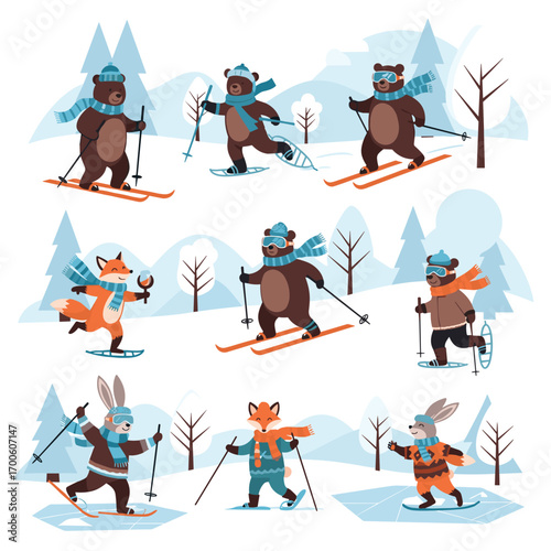 Cute cartoon animals enjoying winter snow sports in a forest scene