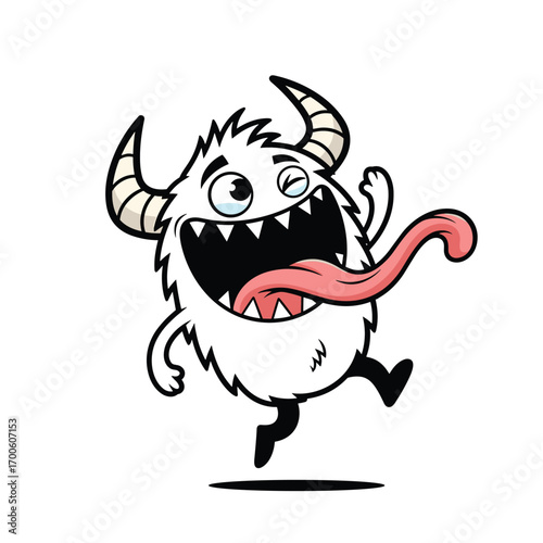 A whimsical white monster with horns and a long tongue jumps happily
