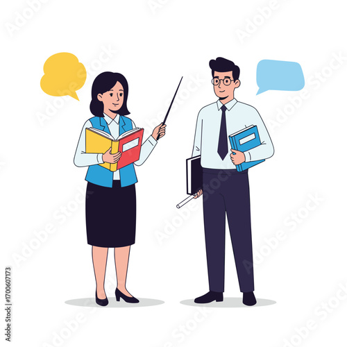 Two diverse educators discussing learning materials while standing together