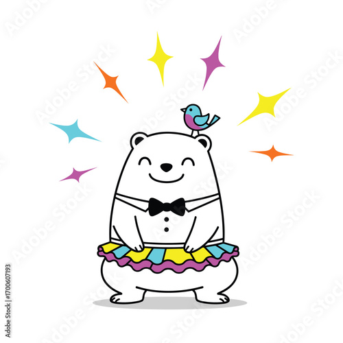 Cute polar bear performing ballet with a little bird on its head