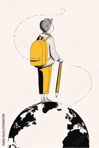 Student with backpack standing on world globe symbolizing knowledge, travel, and education for the future