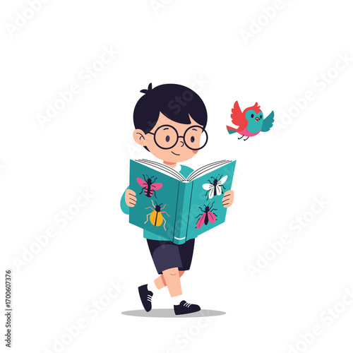 Young boy wearing glasses reads an insect book with a bird flying nearby
