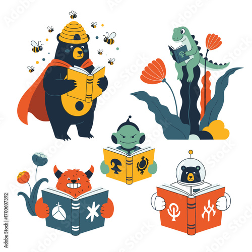 Cute cartoon characters enjoying reading and learning new things
