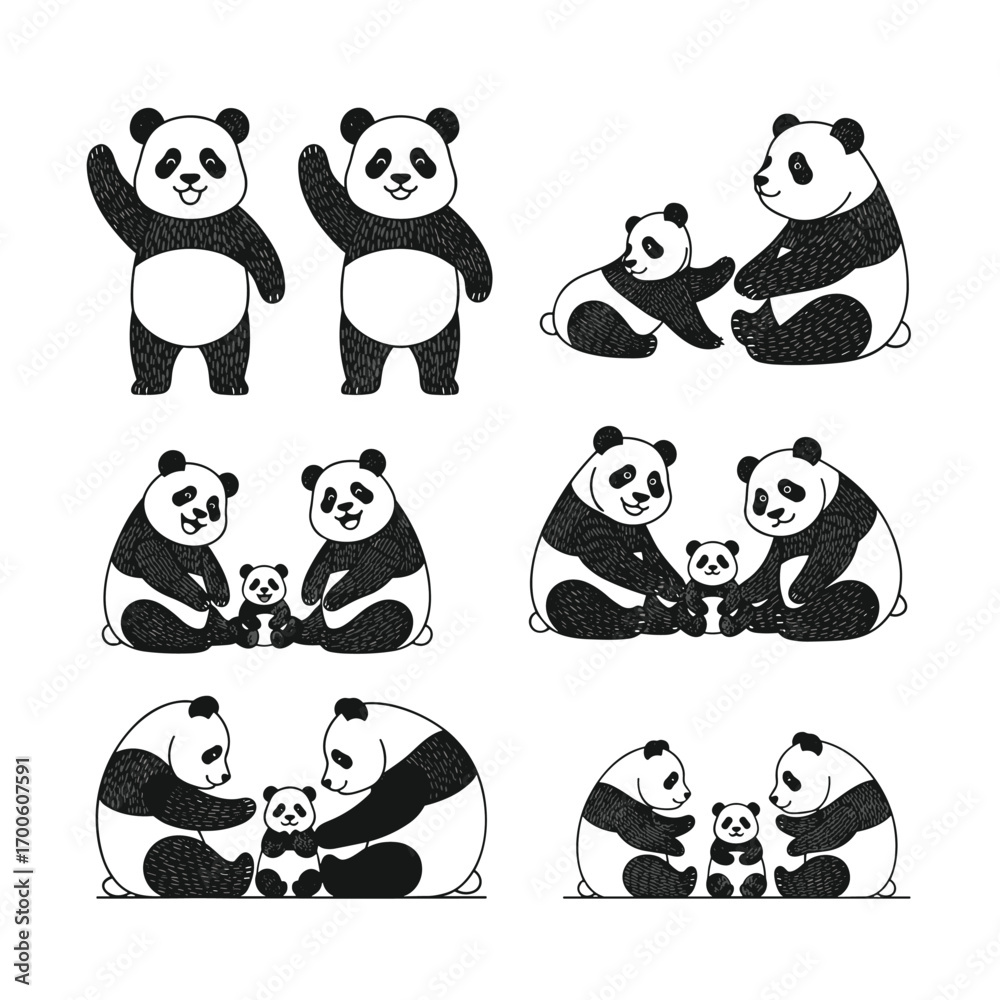 Naklejka premium Adorable panda family poses a cute collection of bamboo bear illustrations