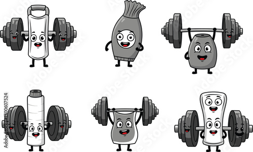 Funny gym supplement cartoon set, protein, shaker, energy drink characters lifting weights, vector fitness icons, cute workout clipart, health product mascots