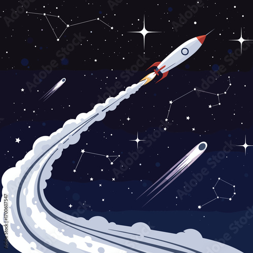 A retro pixel art rocket blasts off through a starry cosmic nebula with streaking comets