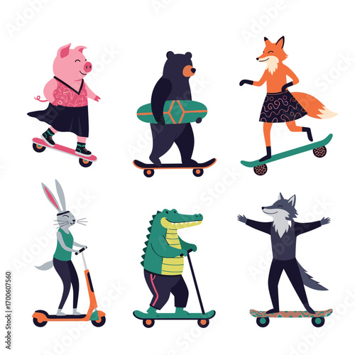 Cute cartoon animals riding skateboards and scooters enjoying outdoor activities