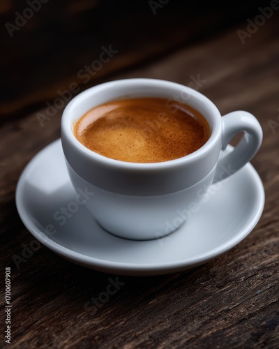 Freshly brewed espresso in a white ceramic cup on a dark wooden table