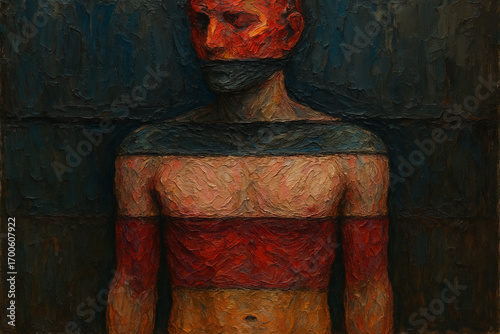 Fragmented human body with layers of prejudice and stigma in textured expressive painting