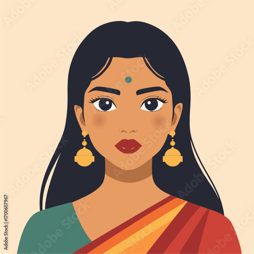 Indian Woman in Saree with Earrings and Bindi