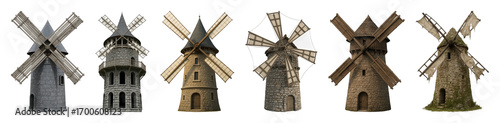 Historic windmill set including various stone and wooden designs, with and without sails isolated. Medieval architecture collection.