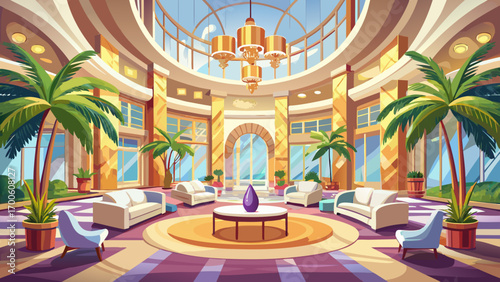 Very beautiful panoramic 360 panorama view of a luxury hotel lobby, featuring marble floors, cream lounge chairs, crystal chandeliers, and towering indoor palms, exuding grandeur, comfort, and timeles