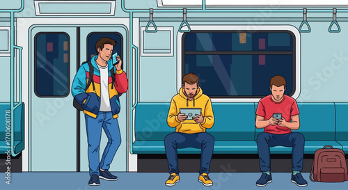 Flat Vector Illustration of Subway Passengers Using Smartphones – Modern Public Transportation Design
