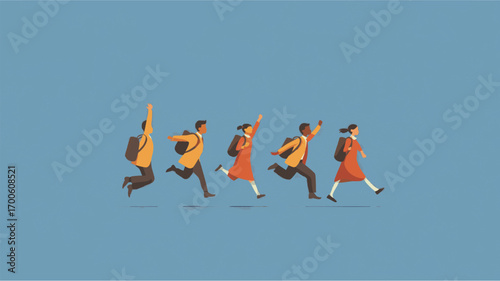 Minimal flat illustration of happy school children in uniforms going back to school with backpacks