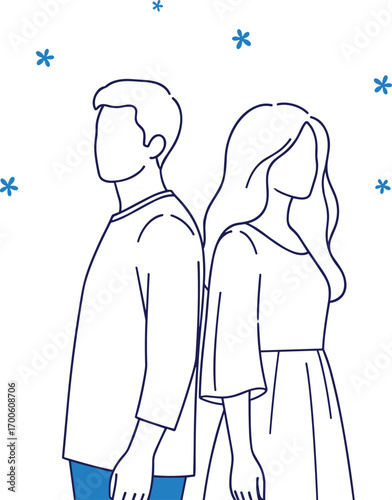 Minimalist line illustration of man and woman standing back to back with decorative stars, relationship and emotional distance concept, vector art, flat design