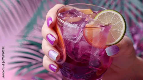 cute violet nail manicure presented over glass of iced drink and palm tree professional studio background